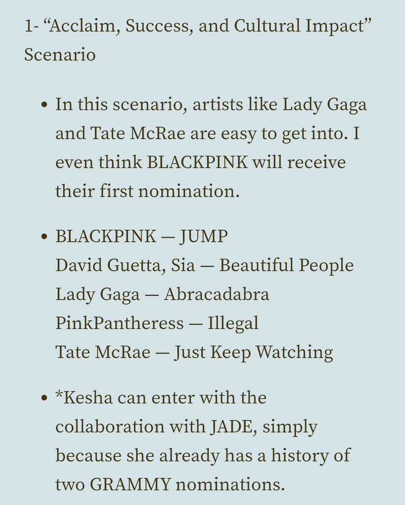 BPTOURNEWS's tweet image. .@BLACKPINK is predicted to be nominated for Best Dance Pop Recording at Grammys 2026 by Medium 
&quot;Acclaim, success , cultural impact&quot; is scenario for BP to get nominated 
#BLACKPINK