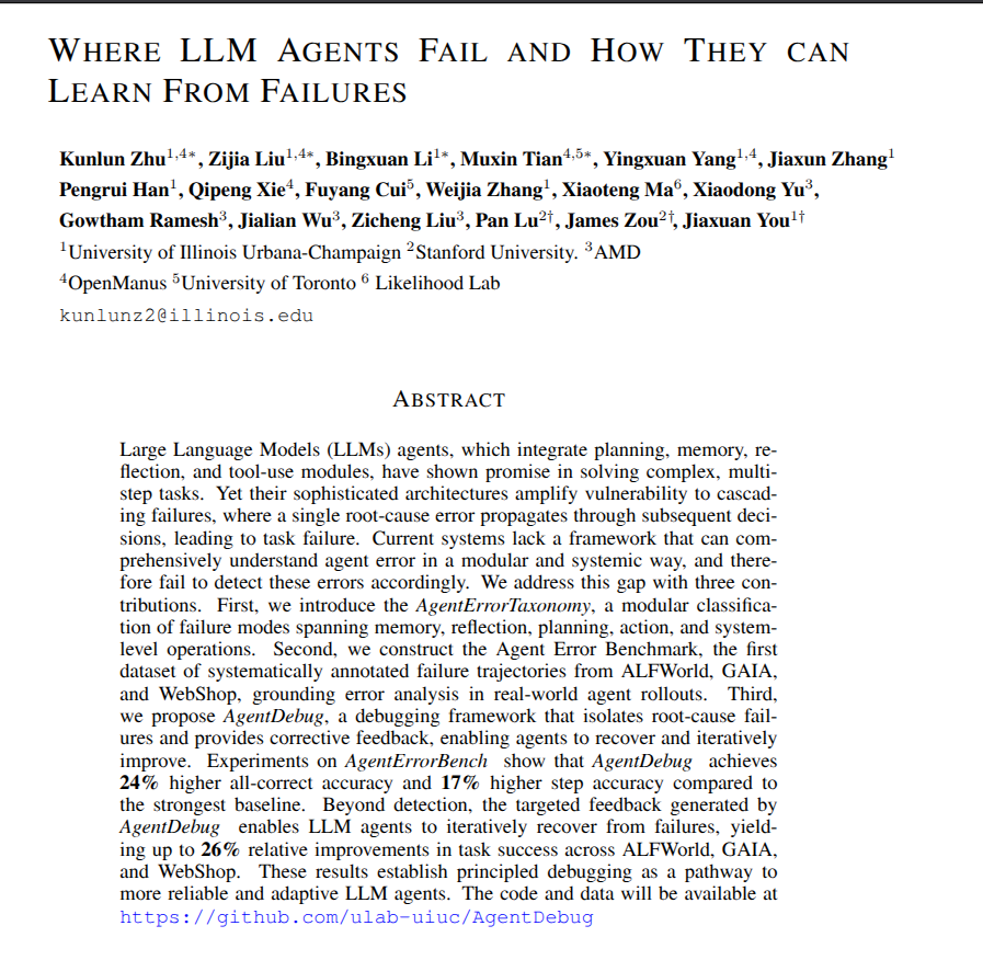 The paper shows most LLM agents break from early mistakes and offers a way to catch and fix them.

Targeted debugging raises task success by up to 26%.

Agents run through memory, reflection, planning, and action, and a wrong move early tends to cascade.

The authors define a
