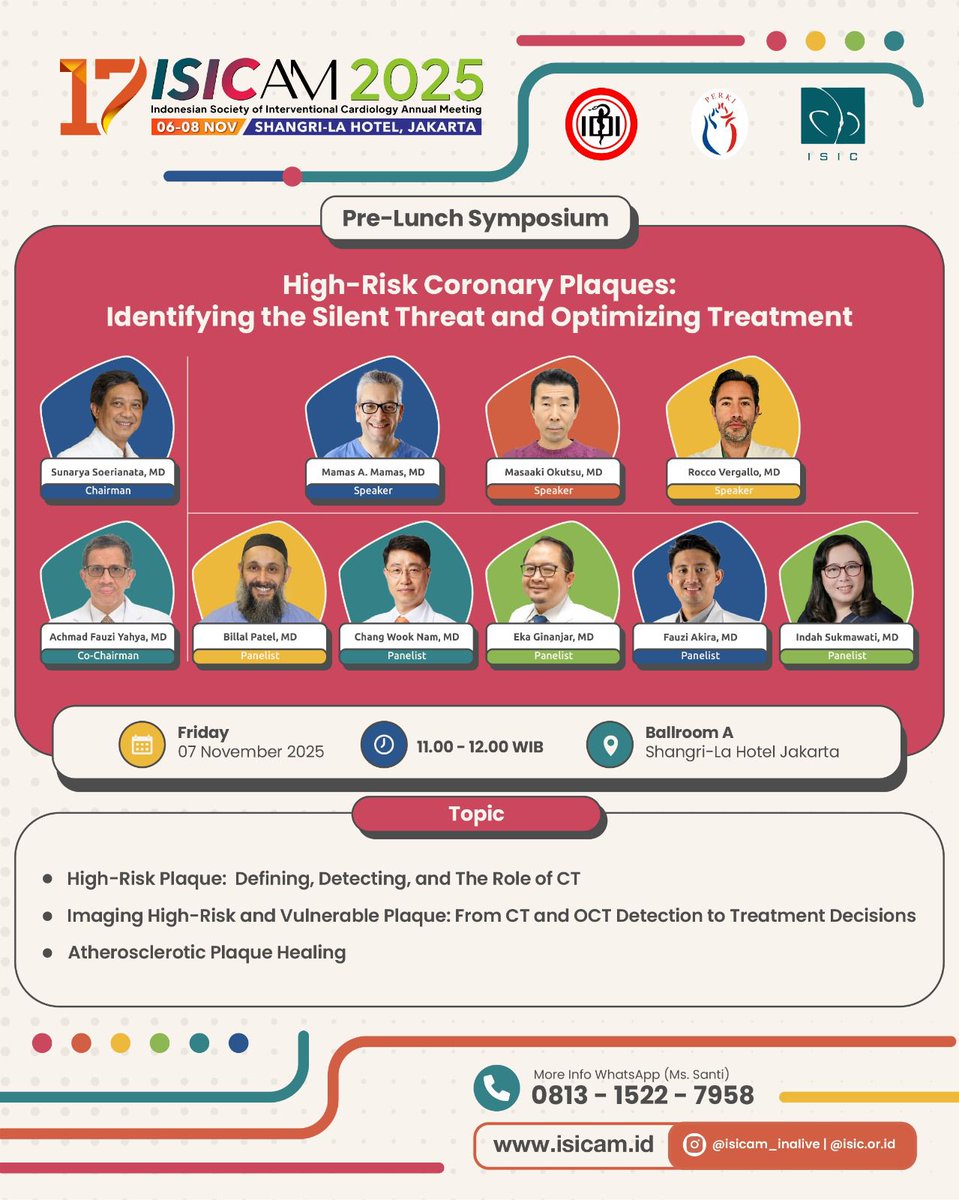 🔥 Hidden Dangers, Visible Impact!
High-risk plaques may stay silent — until it’s too late.
Discover how advanced imaging transforms early detection into life-saving action.

📅 Fri, 7 Nov 2025 | 🕚 11.00–12.00 WIB
📍 Ballroom A, Shangri-La Jakarta

🚀 Don’t miss your next