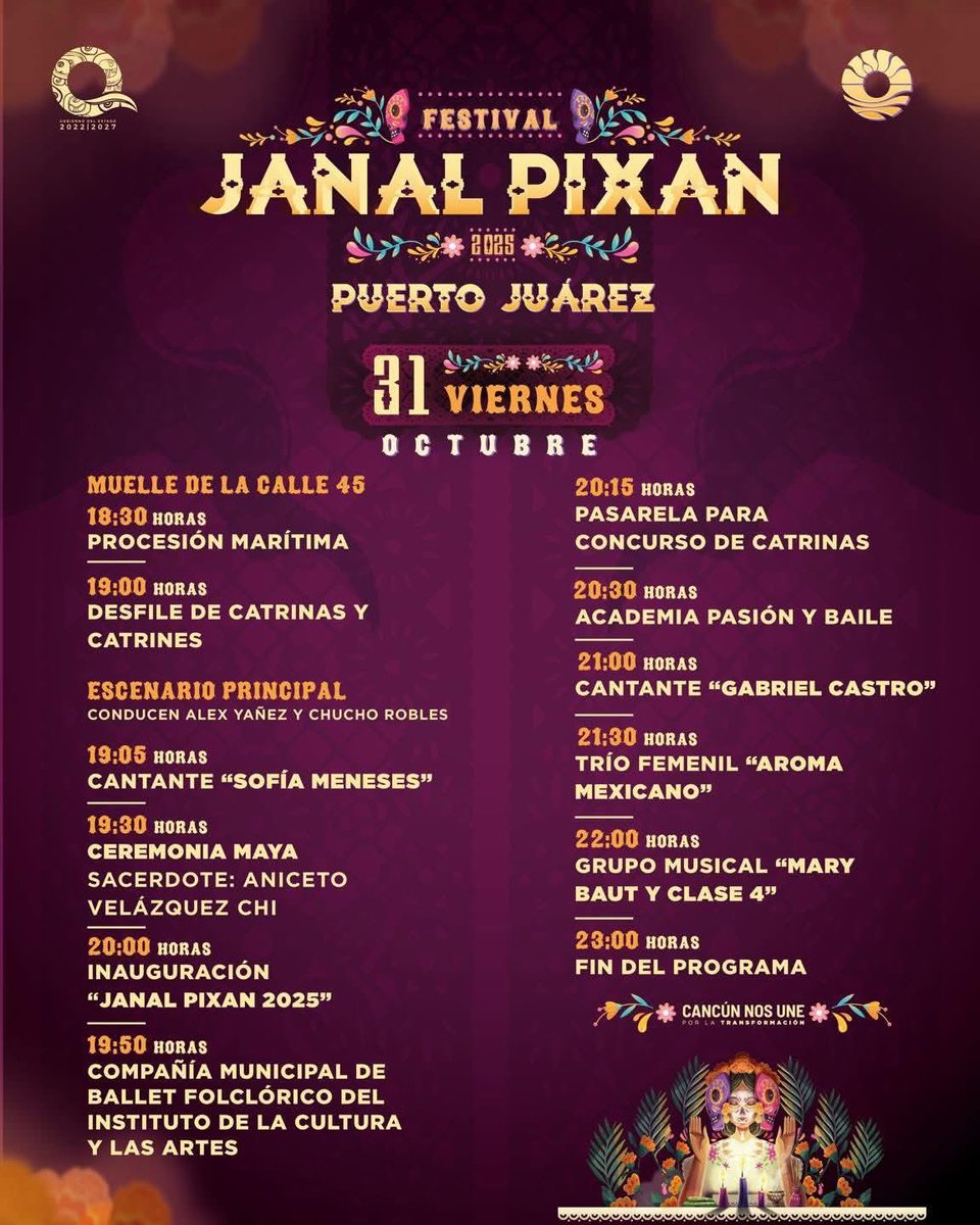 Les compartimos el calendario de actividades del Festival #JanalPixan en Puerto Juárez. 💀🕯️🌼

📅 Del 30 de octubre al 2 de noviembre, viviremos una de las tradiciones más bonitas y llenas de significado, con música, cultura, concursos, gastronomía y mucho color. (1/2)