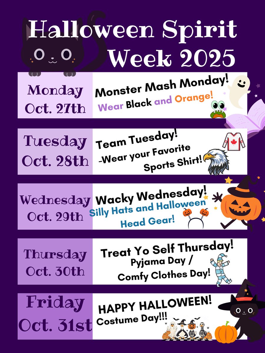 Fun week ahead Eagles! Halloween Spirit Week! <a href="/StElizabethOCSB/">St. Elizabeth School</a> 🎃 🧙‍♀️ 👻 🧟‍♂️ 🦅