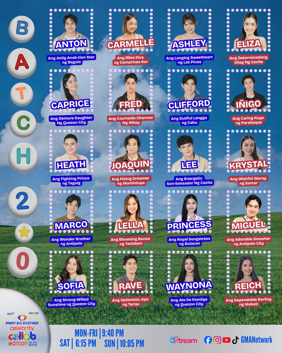 gmanetwork's tweet image. Meet the official Batch 2.0 Housemates of PBB Celebrity Collab Edition 2.0! 🌟

Mga Kabataang Pinoy mula sa Sparkle at Star Magic, ready na for the ultimate collab sa loob ng Bahay ni Kuya! 🏠✨

📢 Pinoy Big Brother: Celebrity Collab Edition 2.0
📺 Weekdays | 9:40 PM
📺…