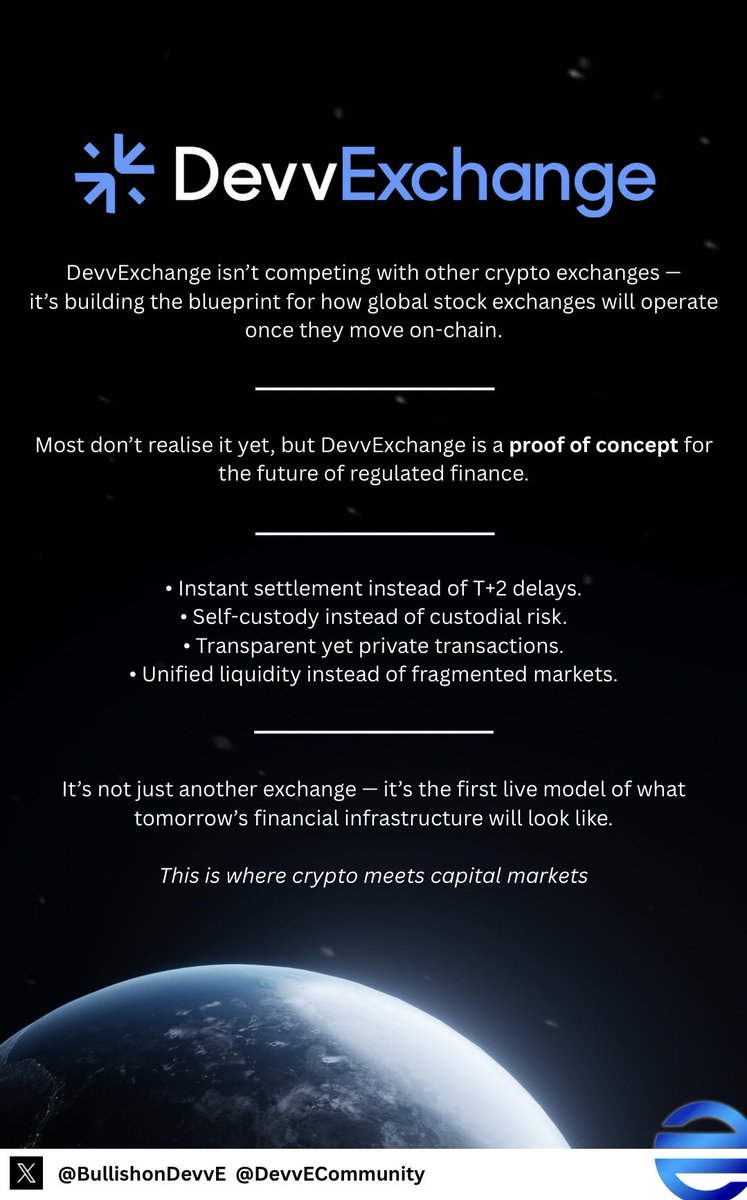 BullishOnDevve's tweet image. Many “crypto exchanges” are really just brokers with matching engines, holding your assets and executing trades inside their own books.

DevvExchange isn’t competing with them, it’s redefining what a true exchange actually is.

#DevvE #DevvExchange #FinanceOnChain