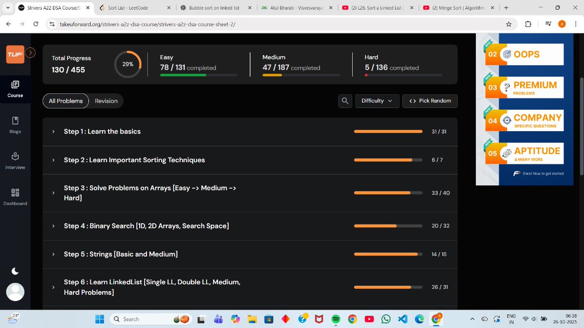 AtulBharat26788's tweet image. Day 10 of #100DaysOfCode
Learnt merge sort
Solved:
1. Delete all occ of a key in DLL
2. Reverse DLL
3. Reverse LL(recursion)
4. Add 1 to a number in LL(recursion)
5. Sort LL(merge sort)🥳🥳

#DSA #LeetCode
#TUFWinterArc #takeUforward