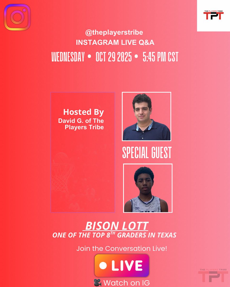 TURN <a href="/theplayerstribe/">The Players Tribe</a> LIVE <a href="/instagram/">Instagram</a> NOTIFICATIONS ON RIGHT NOW 🎙! LIVE Q&amp;A: Join us for an epic chat with Bison Lott, Texas 8th grader 🔥, hosted by David G. of The Players Tribe 🗓 Wednesday, Oct 29 | ⏰ 5:45 PM CST on <a href="/theplayerstribe/">The Players Tribe</a>
