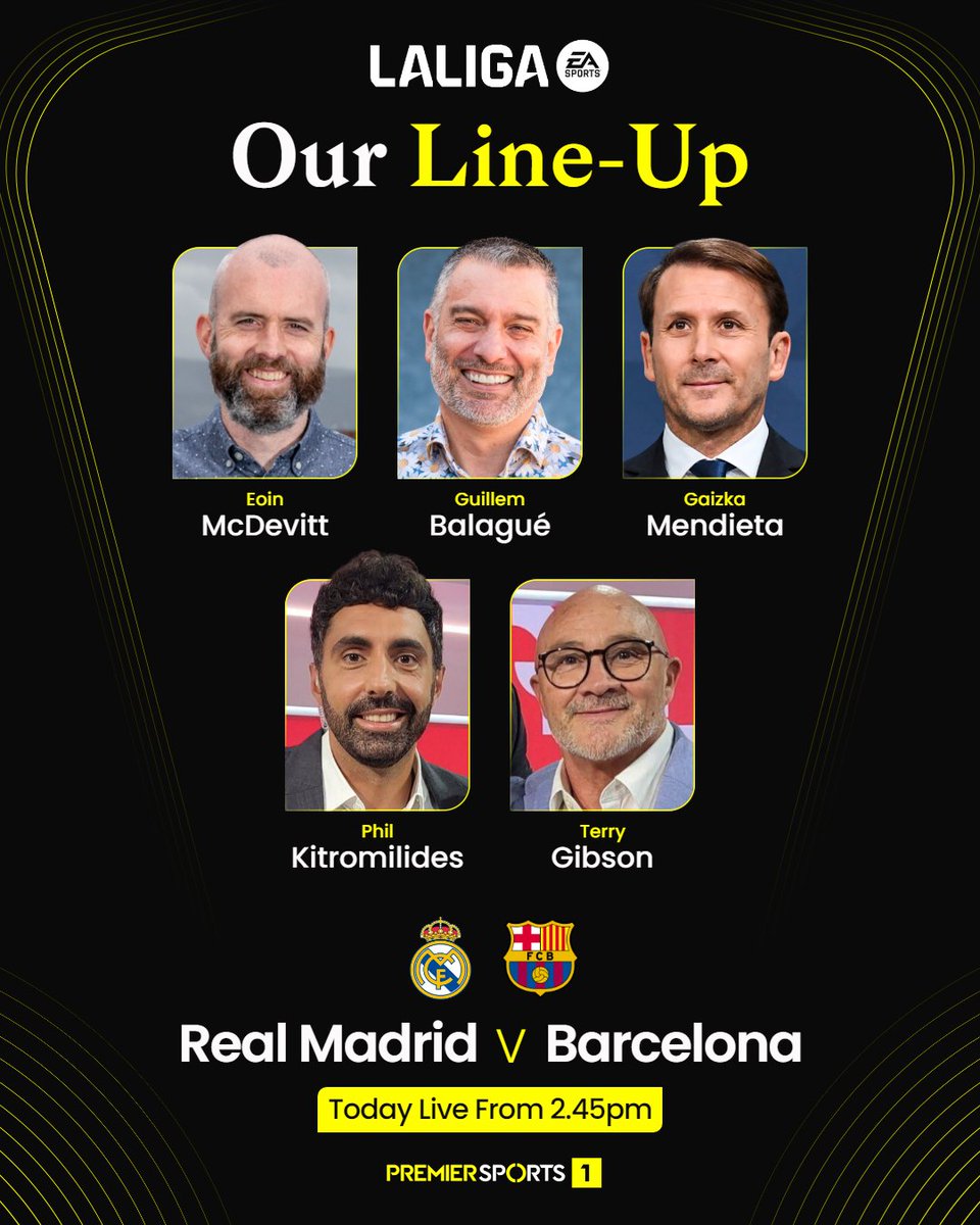 PremSportsTV's tweet photo. Introducing our team for today's massive clash between Real Madrid and Barcelona 🙌

We can't wait to bring you live coverage of ElClásico from 2.45pm on Premier Sports 1 📺 https://t.co/B5bkAikW2n