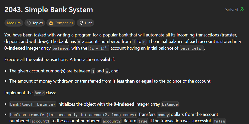 mohitmehtre's tweet image. LeetCode POTD 2043 ✅
Built a simple transaction system supporting deposit, withdraw, and transfer in O(1).
Used a list to track balances with validation checks → clean, efficient, and easy to reason about.
Explained in the simplest way possible.
#LeetCode #POTD #Python