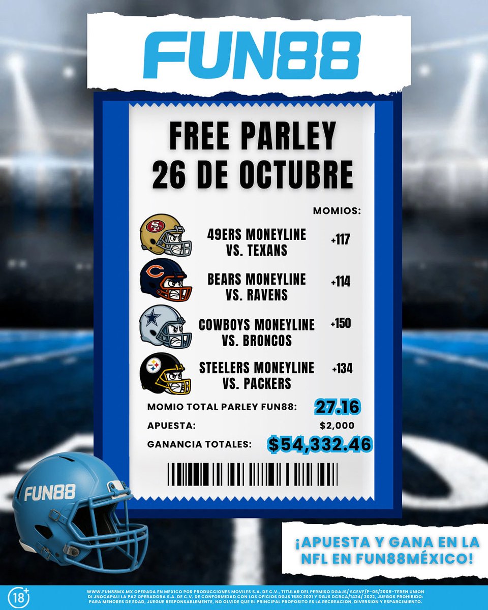 fun88mexico's tweet photo. 🔥 Mañana nos vamos a cajas con la NFL con los siguientes free picks 👇
🏈 49ers ML vs Texans
🏈 Bears ML vs Ravens
🏈 Cowboys ML vs Broncos
🏈 Steelers ML vs Packers
💵 Momio total: 27.16
💸 Ganancia total: $54,332.46
#NFL #Fun88 #FreeParley #ApuestasNFL #Fun88México https://t.co/hULdJFC6nl