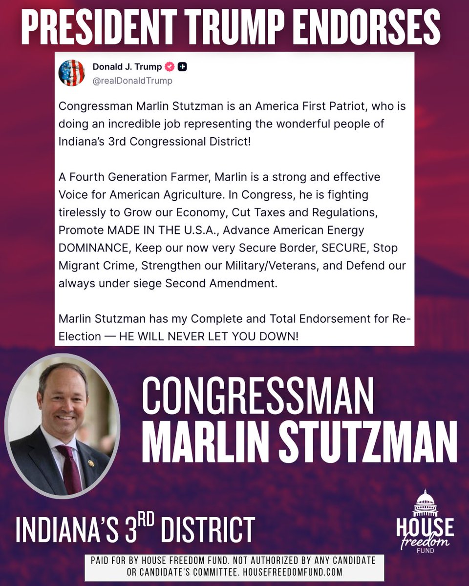 🚨President Trump endorses House Freedom Caucus Member, Marlin Stutzman for IN-03!🚨

<a href="/GoMarlin/">Marlin Stutzman for Congress</a>