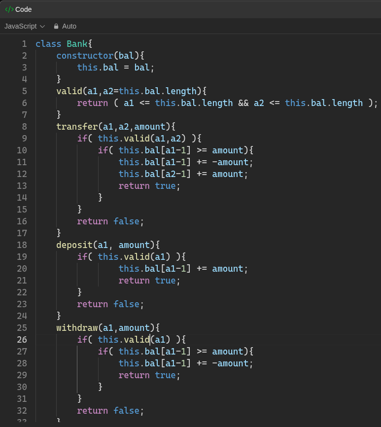 DevGod9's tweet image. #LeetCode 2043, simple banking system simulation using an array, stored &amp;amp; working in a JS class object thingy #JS #Array #ProblemSolving