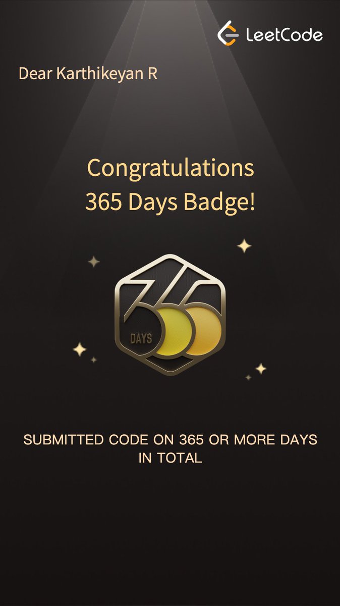 karthik_r07's tweet image. 365 consecutive days ✅
365+ problems solved 💻
1 powerful habit built 🚀

Just completed a full year on @LeetCode ! The compound effect of daily practice is real.

If you&apos;re on day 1 or day 100, keep going. Your future self will thank you.

#LeetCode #CodingJourney #DSA…