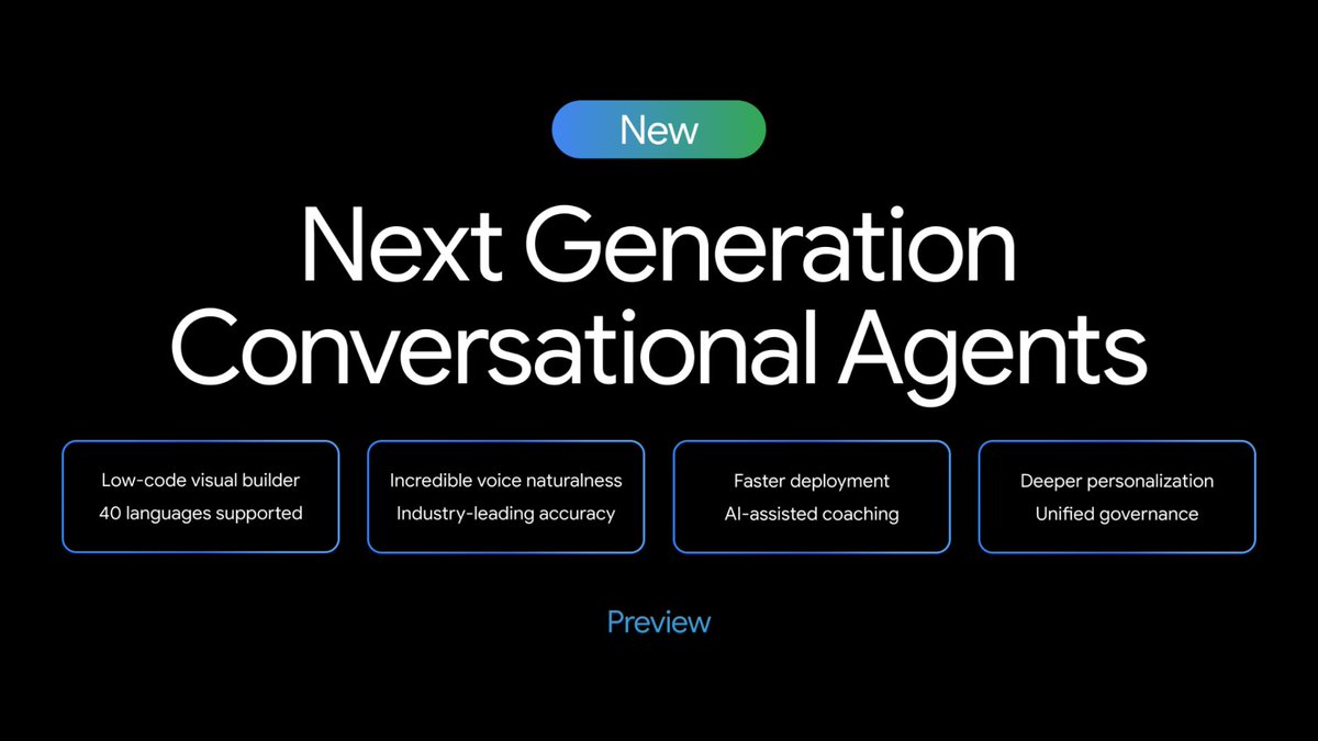 googlecloud's tweet image. Introducing our next-generation conversational agents, including:
#1 - a new, easy-to-use low-code visual builder
#2 - natural-sounding voices
#3 - reduced deployment time
#4 - unified governance
Learn more → goo.gle/3WIoNeE