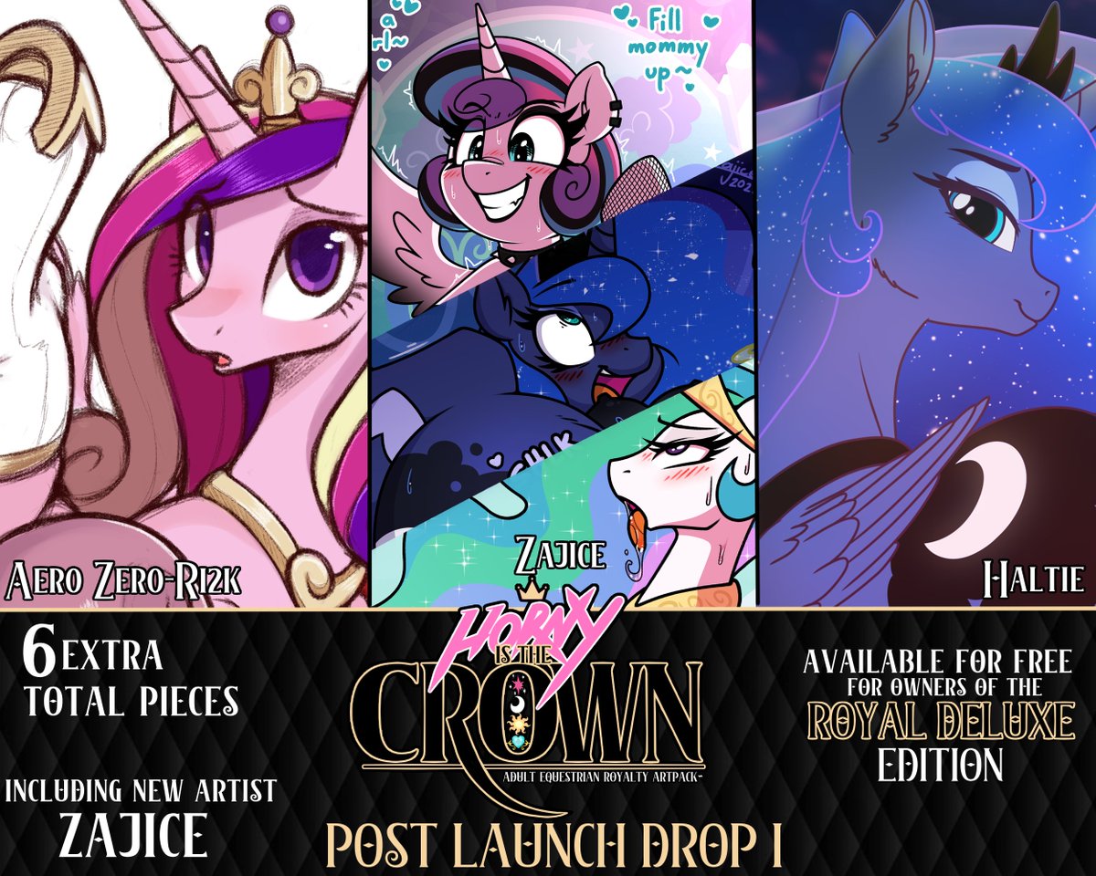 HORNY IS THE CROWN DLC 1 IS NOW LIVE!!!

Featuring 6 New Pieces including...
Cadence Teats from Me
Futa Cadence x Flurry, Luna, and Celestia from <a href="/Zajice/">Zajice</a> AND
Luna from <a href="/Haltie1/">♦️Haltie</a> 

Free for owners of the Royal Deluxe Edition!
fenrisebonyglow.itch.io/royal-pack