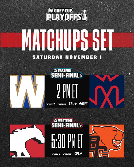 Graphic for Grey Cup Playoffs with trophy icon and text Matchups Set Saturday November 1 featuring Eastern Semi-Final at 2 PM ET with two blue panels showing W logos and Western Semi-Final at 5:30 PM ET with red panel of horse head for Roughriders and orange panel of panther for Lions broadcast details TSN ESPN CFL+.