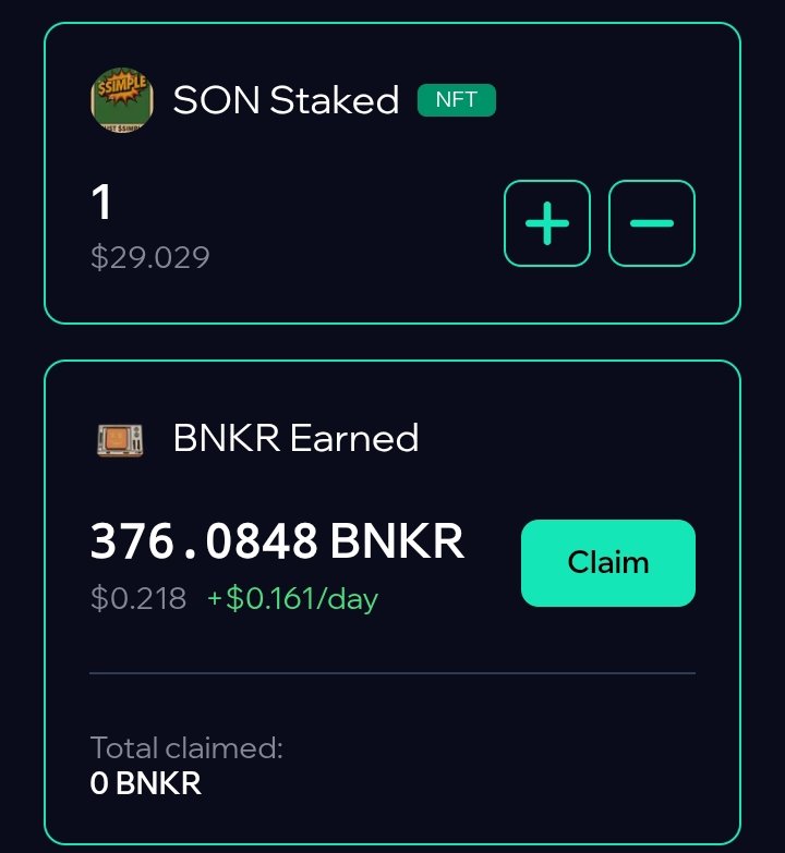 CowrieBoy's tweet image. Investing in a SON ( $Simple Official NFt) has turned out to be a wise decision. 
A $10 NFt is now worth $29.  What's more, it's stockpiling a nice $BNKR staking reward for me.
For you who are used to owning blue chip NFts this is nothing. For me, it is all. 
It's that Simple!