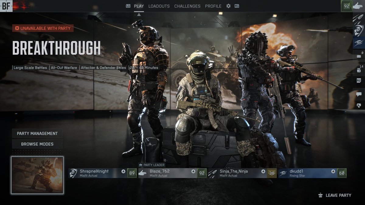 blaze_762's tweet photo. @Battlefield Can we get a fix for this annoying bug that happens when we try to squad up and it’s saying unavailable with party been happening since your last update. https://t.co/1zA187yGnL