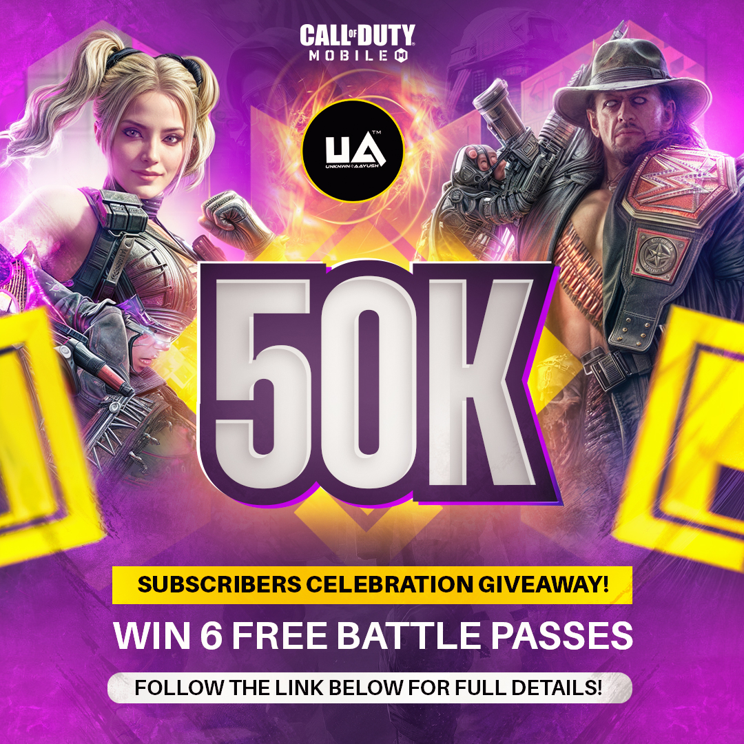 UnknwnAayush's tweet photo. 🎉 50K Subscribers Celebration Giveaway 🎉
I’m giving away 6 FREE Battle Passes (COD Mobile) to celebrate this insane milestone 💜
⚡️Starts: Oct 26
⚡️Ends: Nov 9
⚡️Winners: 6 Lucky Soldiers

👉 Click the link below to join now &amp; boost your chances!
🔗 https://t.co/r6kGz2w4di https://t.co/2MiWXvvbIl