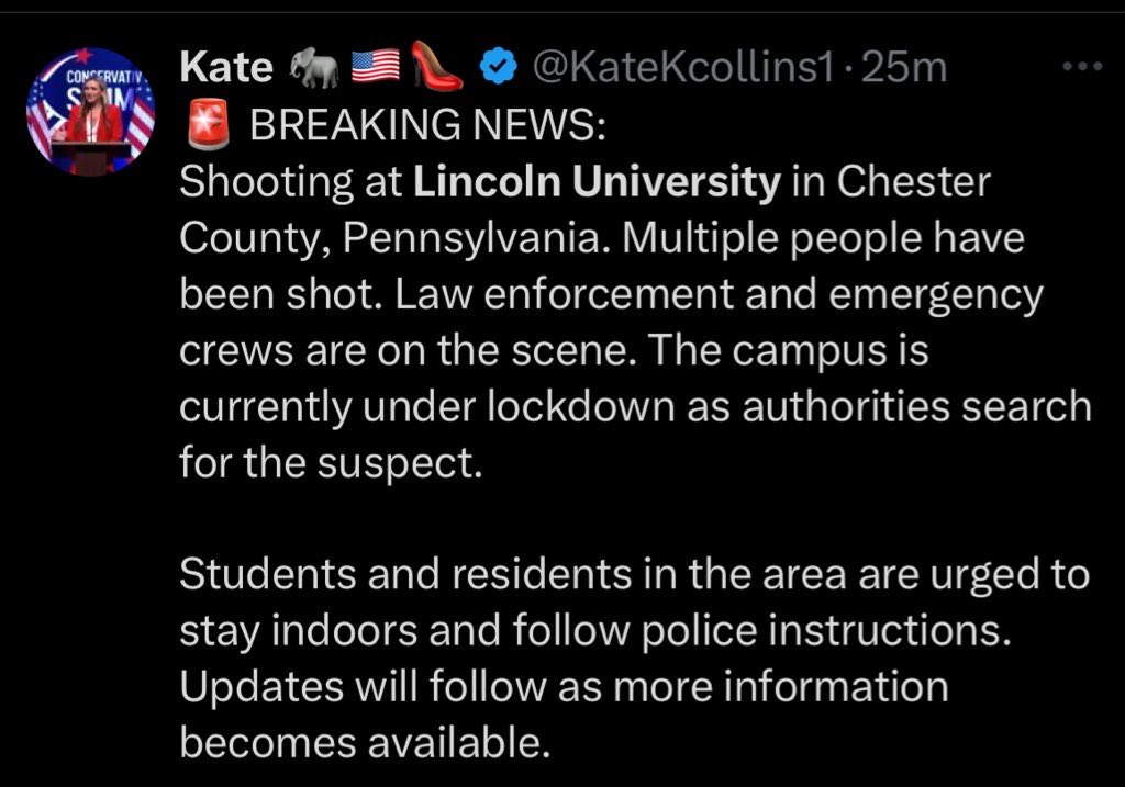 BREAKING🚨: Scanner traffic is  reporting a mass casualty incident at Lincoln University in Chester County Pennsylvania.

Dispatchers are saying  there is an active shooter with multiple gunshot victims, reportedly four patients. Mutual aid units from Lancaster County and