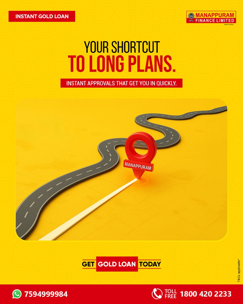 ManappuramMAFIL's tweet photo. Skip the long road of waiting and paperwork. With Instant Gold Loan from Manappuram, your dreams get the shortcut they deserve — fast approvals, quick disbursals, zero delays.

Apply now: https://t.co/slbX3M3Nrm

#UnlockWithManappuram #GoldThatWorks #SmartUseOfGold #GoldForGoals https://t.co/4tTg9YHrXH