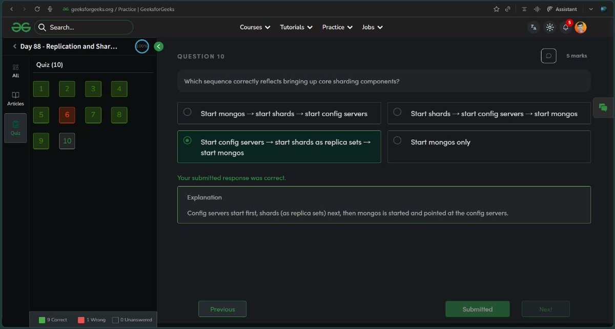 AyushWebDev14's tweet photo. 🎯 Day 88 of #100DaysStreak | #NationSkillup 
@geeksforgeeks !

📖 Learned: Replication and Sharding
📝 Scored: 9/10 in quiz

📚 Join the challenge here: https://t.co/IcY10x3Yni…

#SkillUpWithGFG #webdevelopment #100DaysOfCode https://t.co/2oYUNpVWYH