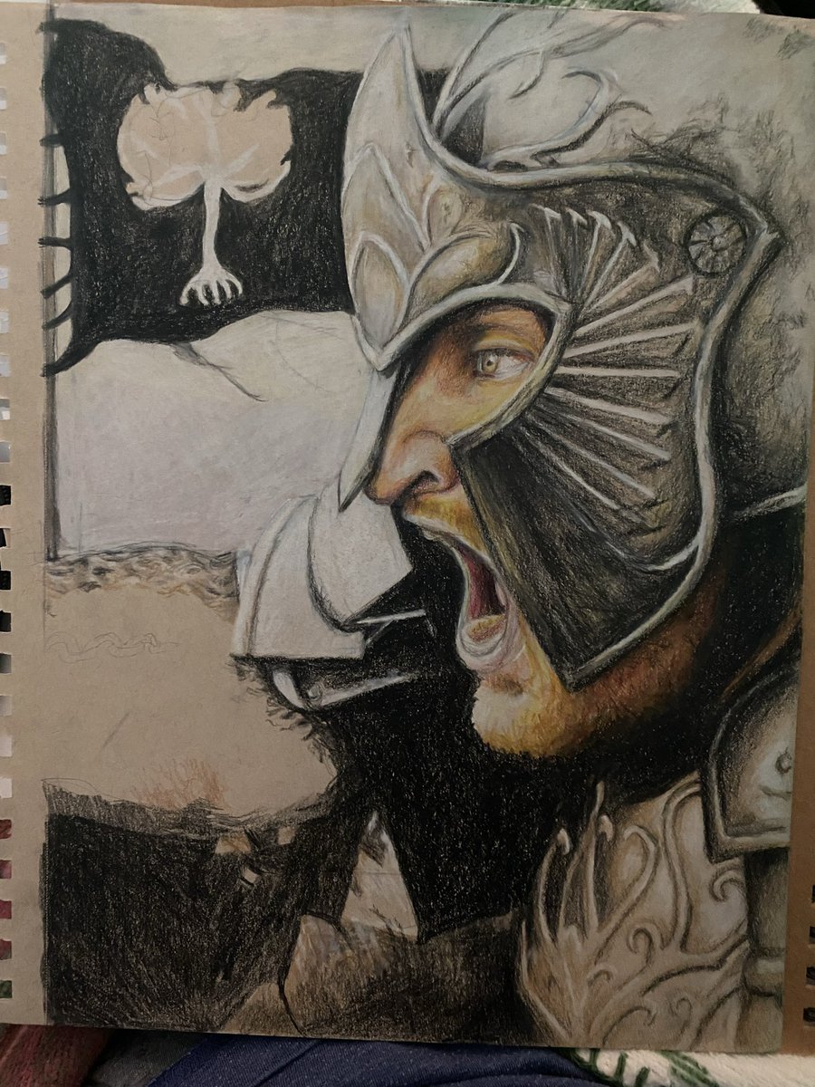 Kookycrumbz's tweet photo. Got in a #lotr mood & decided to finish up an old drawing when my ONLY black pencil crayon BREAKS beyond repair!🤦♀️
Faramir “WILL prove his worth” …once I return from the shops!!
#fanart #gondor #faramir https://t.co/eGmcrYYyEP