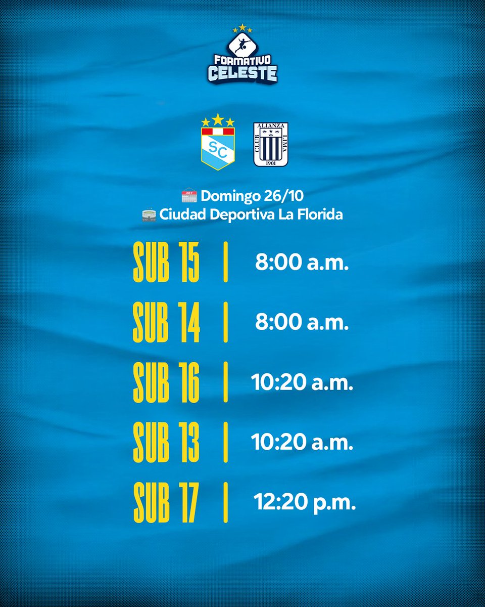 🏆 𝐓𝐨𝐫𝐧𝐞𝐨 𝐄́𝐥𝐢𝐭𝐞 𝐅𝐞𝐝𝐞𝐫𝐚𝐜𝐢𝐨́𝐧 - 𝐅𝐞𝐜𝐡𝐚 𝟑𝟏

🗓️ 🎽 Los celestes reciben a los blanquiazules por la trigésima primera fecha de la Copa Oro ⚽️

🆚 Alianza Lima
🏟 La Florida

¡𝗩𝗮𝗺𝗼𝘀 𝗖𝗲𝗹𝗲𝘀𝘁𝗲𝘀!💪🏼
¡𝗙𝘂𝗲𝗿𝘇𝗮 𝗖𝗿𝗶𝘀𝘁𝗮𝗹!💙