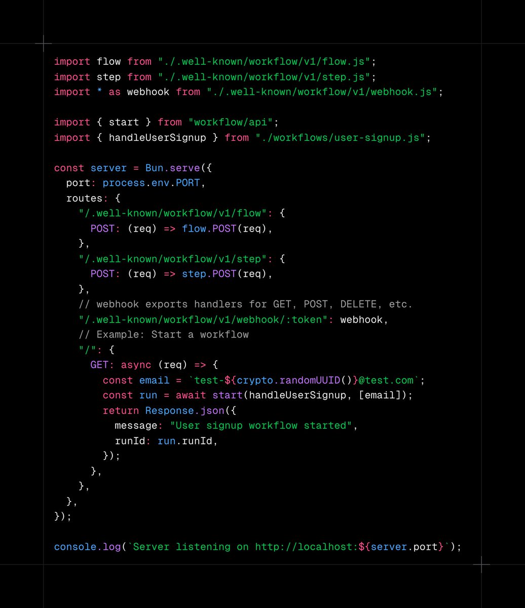 RhysSullivan's tweet image. It&apos;s pretty cool how easy it is to bring &apos;use workflow&apos; support to any framework

It&apos;s built using standard request web apis, so all you have to do is create a route handler, pass the request and you&apos;re good to go

For instance, this is &apos;use workflow&apos; support in bun: