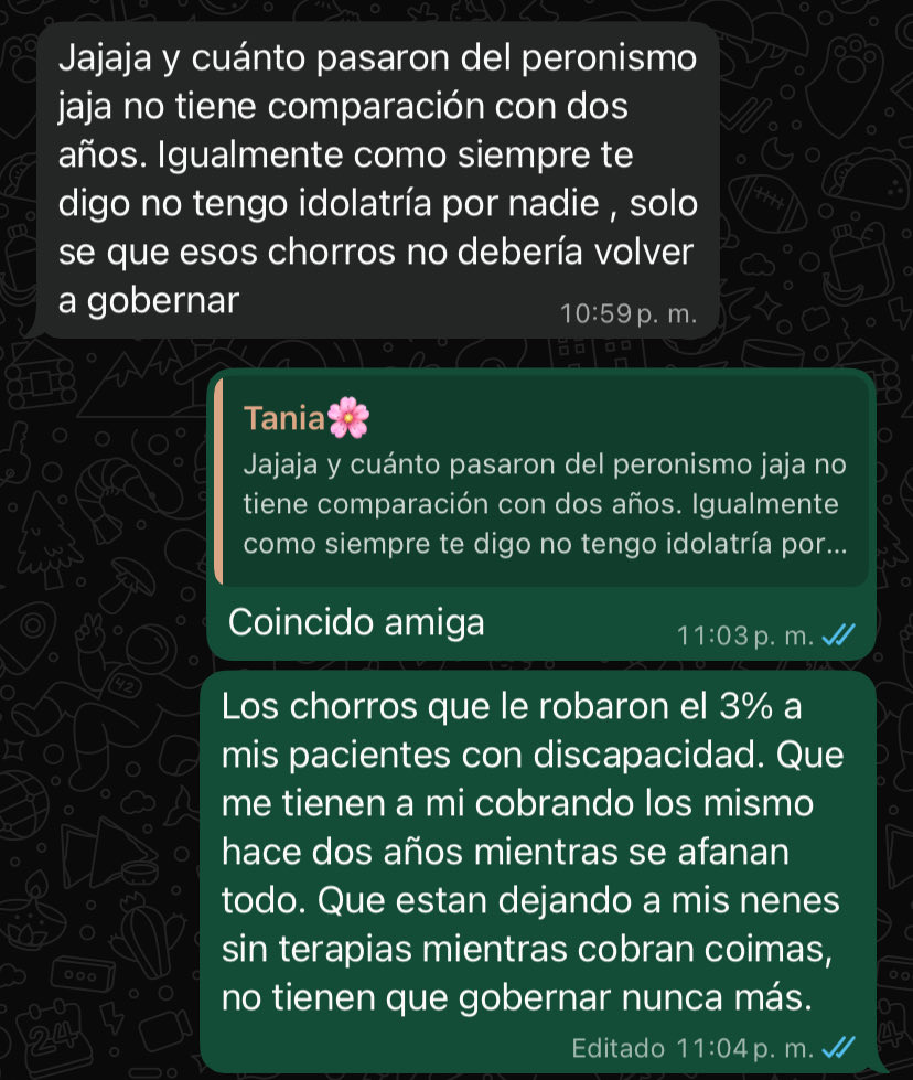 Una amiga me contesta una historia diciendo que “No hay que votar a los que se ROBARON TODO” (por el peronismo)

Mis respuesta: