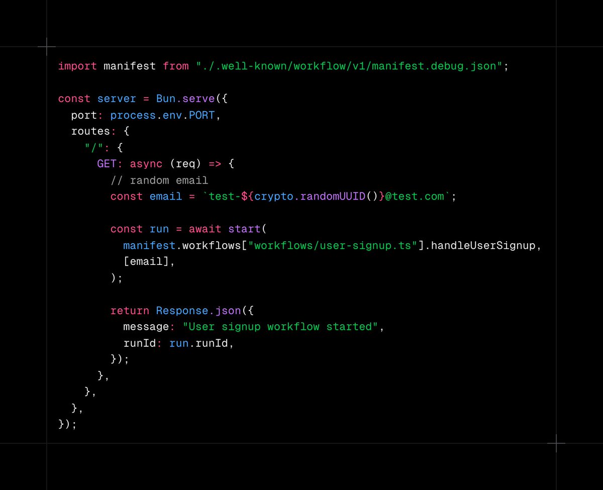 RhysSullivan's tweet image. One thing to note is you will need to add a transform plugin to import the workflow function directly, but the workflow/swc plugin handles this for you

You also don&apos;t have to make transforms work, you can also import directly from the generated files to start the workflow