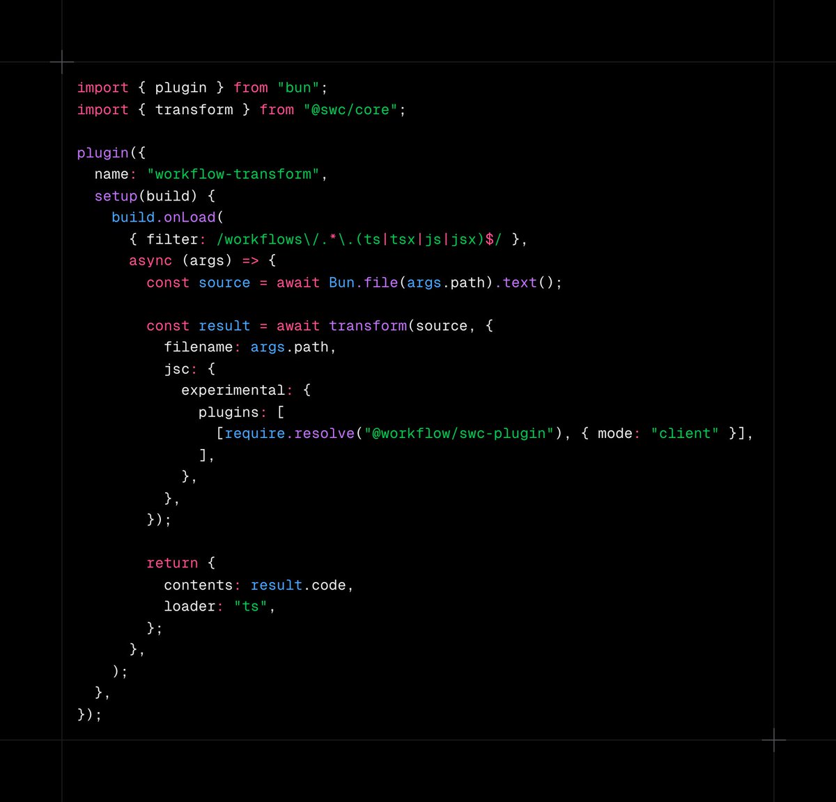 RhysSullivan's tweet image. One thing to note is you will need to add a transform plugin to import the workflow function directly, but the workflow/swc plugin handles this for you

You also don&apos;t have to make transforms work, you can also import directly from the generated files to start the workflow