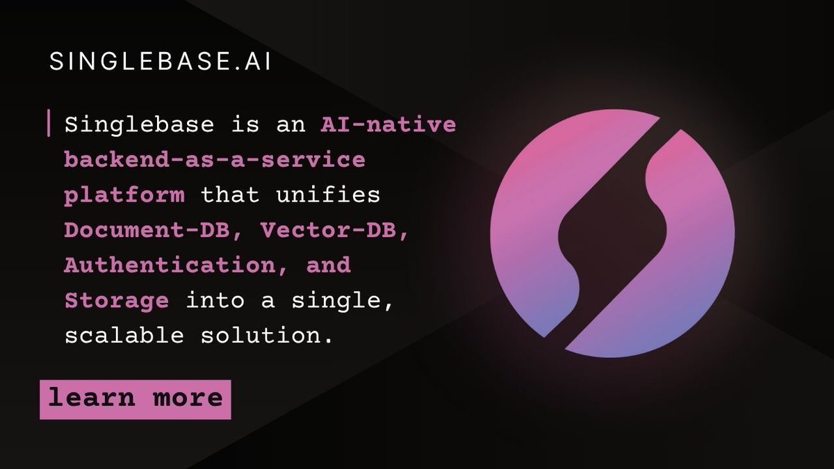 Singlebasecloud's tweet image. ⚙️ One powerful backend for AI-driven apps.
Singlebase.ai is an AI-native backend-as-a-service that unifies Document-DB, Vector-DB, Authentication, and Storage into a single scalable platform.
🚀 Build smarter today at singlebase.ai 
#DeveloperTools…