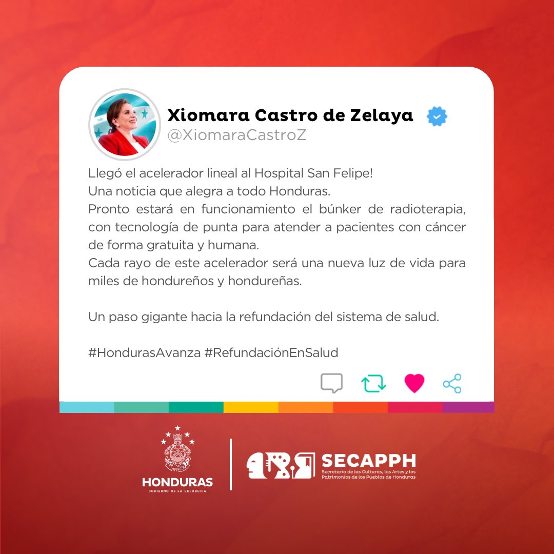 SECAPPH's tweet image. #SecapphInforma | 💬👩🏻‍💼 Pronto estará en funcionamiento el búnker de radioterapia con tecnología de punta para atender a pacientes con cáncer de forma gratuita y humana en el Hospital San Felipe, así lo informó esta noche la Presidenta @XiomaraCastroZ a través de sus redes…