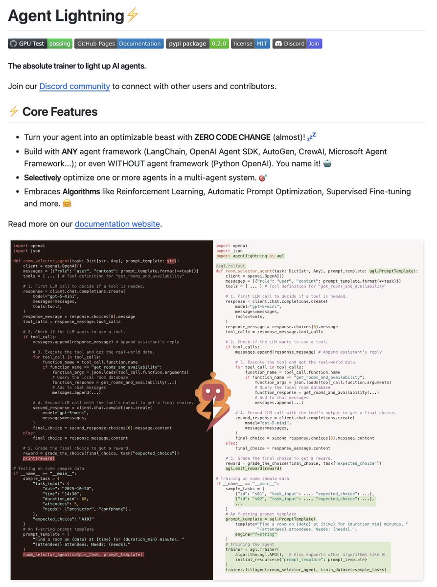 unwind_ai_'s tweet image. Microsoft just released a framework to train AI Agents with reinforcement learning.
Build AI Agents with LangChain, AutoGen, CrewAI or ANY agent framework and optimize with ZERO code changes.
100% open-source.
