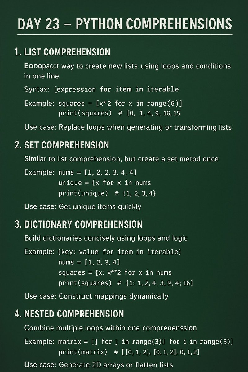 NivasChintu1's tweet image. Day 23 — Python Comprehensions
Build lists, sets, and dictionaries in one line of code!
Write elegant, readable, and powerful Python.
#Python #LearnPython #100DaysOfCode #Programming