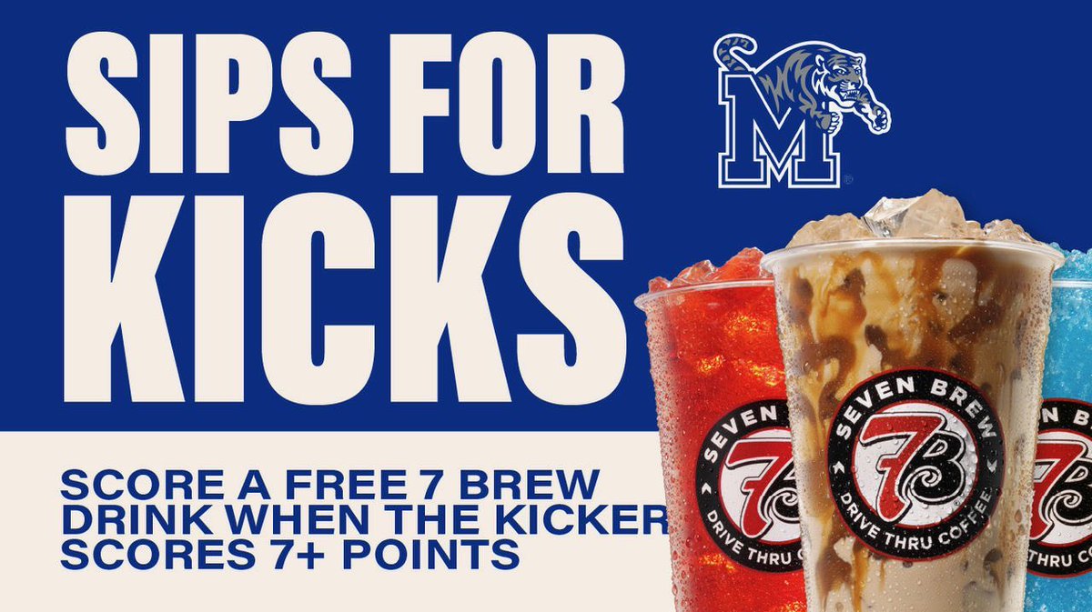 Memphis Tigers (@tigersathletics) on Twitter photo Sips on us tomorrow at <a href="/7BrewCoffee/">7 Brew Coffee</a> 🥤
Mention “Sips for Kicks” at the stand for your FREE drink! Sips on us tomorrow at <a href="/7BrewCoffee/">7 Brew Coffee</a> 🥤
Mention “Sips for Kicks” at the stand for your FREE drink!