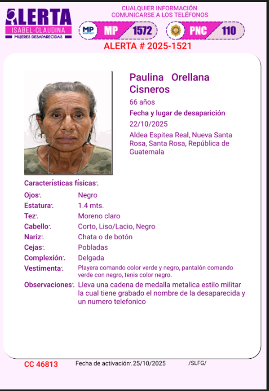 #AlertaIsabelClaudina
🚨 Ayúdenos a encontrar
Paulina Orellana Cisneros
Desapareció el 22de octubre del año 2025 
 Cualquier información comunicarse al teléfono 📞 1572
Gracias por difundir esta información❗