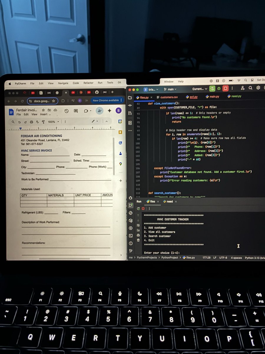RealCyberBrian's tweet image. Working on the invoice feature for my hvac web app for my dad
I’m trying it out on my own before using ai 
Learned:
-JSON vs CSV
- Error handling 
- using text file 
I want it to eventually generate pdfs and integrate it with the customer tracker 
#BuildinPublic #python #WebDev