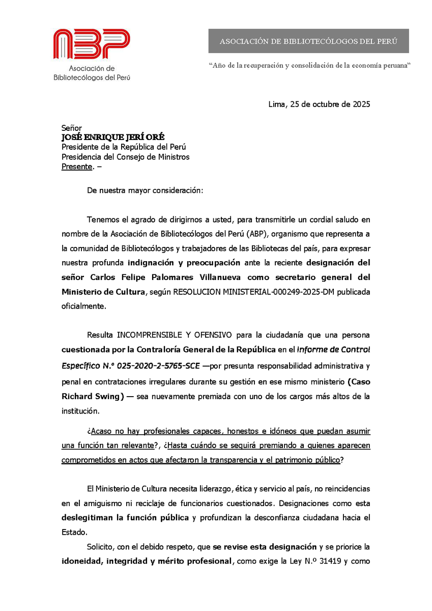 Biblioabpperu's tweet photo. 😡 ¡Indignante!
El @MinCulturaPe nombra Secretario General a un funcionario observado por la Contraloría por irregularidades en caso #RichardSwing
📢 ¿De verdad no hay gente honesta y capaz?
🔥 Esto no es meritocracia. Es impunidad con resolución. Atención @JoseJeriPeru https://t.co/mn1UXSKxft