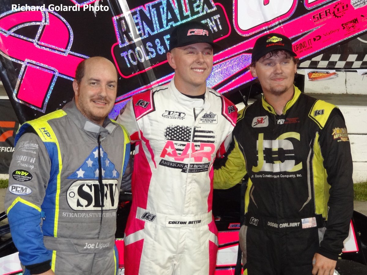 Florida Open Wheel (@fl_open_wheel) on Twitter photo Top Three Feature Race Finishers: (1) Colton Bettis, winner, center; (2) Joe Liguori, 2nd place, left; (3) Dodge Carlbert, 3rd place, right; Southern Sprint Car Series, New Smyrna Speedway, FL, Saturday, October 25, 2025, Richard Golardi Photo Top Three Feature Race Finishers: (1) Colton Bettis, winner, center; (2) Joe Liguori, 2nd place, left; (3) Dodge Carlbert, 3rd place, right; Southern Sprint Car Series, New Smyrna Speedway, FL, Saturday, October 25, 2025, Richard Golardi Photo