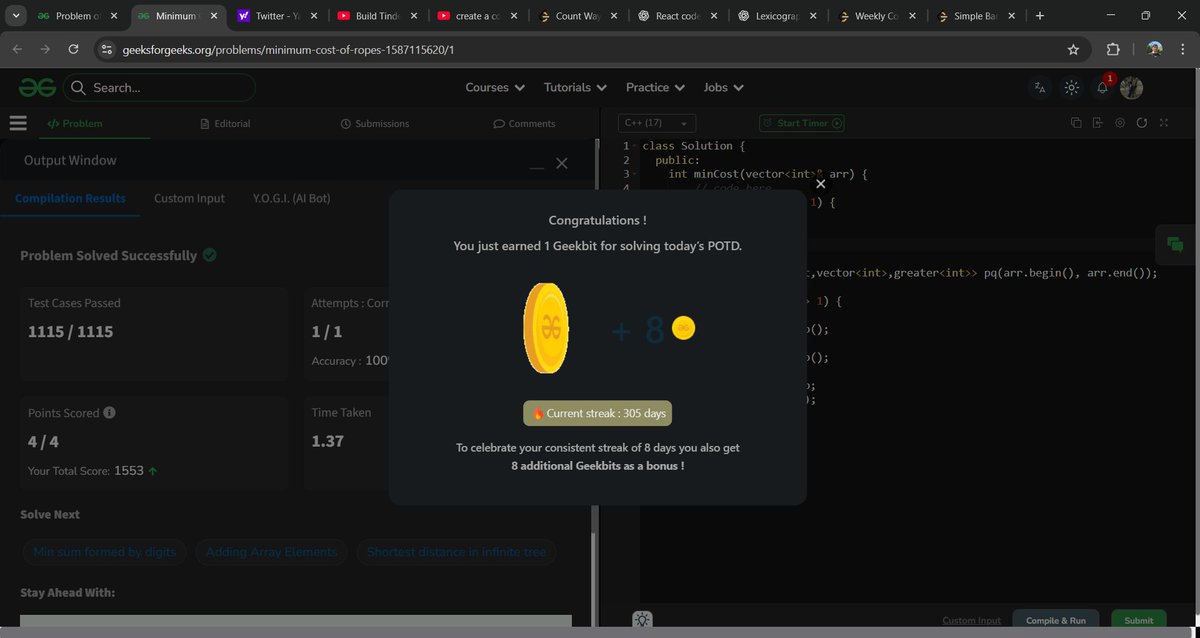 Jatin_lifo82's tweet image. 🌟Day 298 👨‍💻. 
Solve @geeksforgeeks || @LeetCode 
POTD Cpp⚡
Question LC.  2043. Simple Bank System Medium ✅. 
Question GFG. Cost of ropes  Medium ✅. 
#geeksforgeeks #leetcode #DSA #POTD 
@LeetCode @geeksforgeeks #CPP25 #CodingChallenge