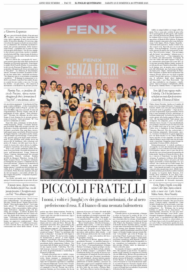 I nomi, i volti e i (lunghi) cv dei giovani meloniani, che al nero preferiscono il rosa. E il bianco di una neonata balenottera. L'articolo di Ginevra Leganza è nel Foglio del weekend
edicoladigitale.ilfoglio.it