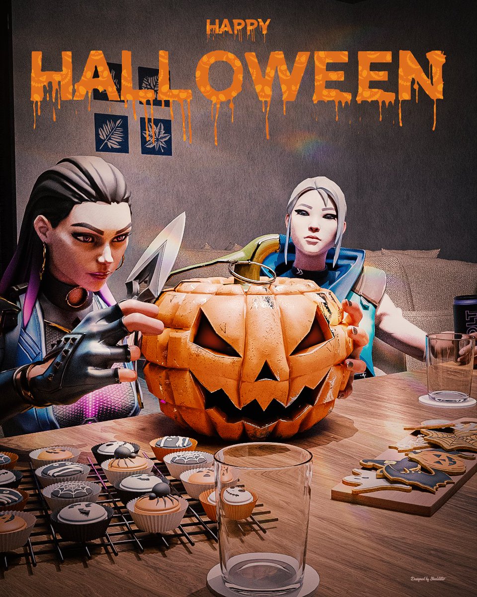 ShieldGraphisme's tweet image. J-5 avant Halloween ! Mode agent activé : citrouille par Reyna, cupcakes &amp;amp; cookies par l’escouade. En route pour la préparation, on remplit les sacs de bonbons et surprises.

#Halloween2025 #VALORANTfanart #3dart #esport