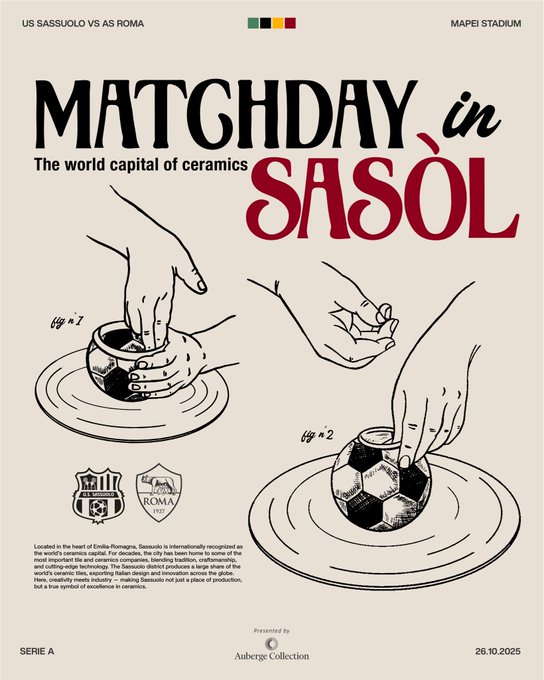 Graphic design with title MATCHDAY in the world capital of ceramics SASSUOLOSASUOLOL featuring illustrations of hands shaping a soccer ball on plates with labels fig 1 and fig 2 below the drawings of hands holding the ball and another set on a dish team crests of US Sassuolo and AS Roma at the bottom text about ceramics industry innovation and sustainability in Italian certified series A badge and date 26 10 2025.