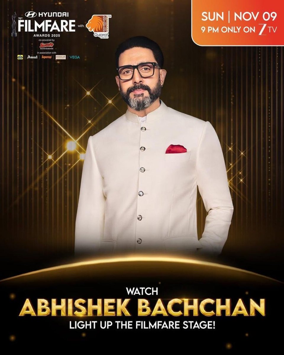It’s going to be LIT! 🔥
<a href="/juniorbachchan/">Abhishek 𝐁𝐚𝐜𝐡𝐜𝐡𝐚𝐧</a> is bringing his signature charisma to #FilmfareAwards2025 💫
Don’t miss the star who defines CLASS! ✨
Nov 9 | 9 PM | Zee TV
#AbhishekBachchan #Filmfare #BachchanLegacy
<a href="/SrBachchan/">Amitabh Bachchan</a> Sir