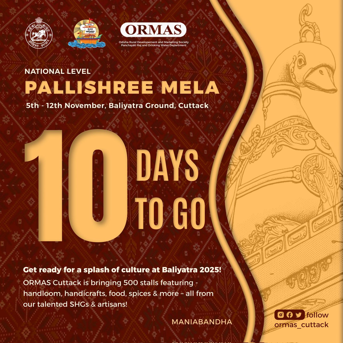 The countdown begins! 

Only 10 days to go for Pallishree Mela 2025 at Baliyatra Ground, Cuttack!
Get ready to explore 500+ stalls of art, craft, handloom, and mouthwatering delicacies — all crafted by our skilled SHGs &amp; artisans.
#baliyatra 
#baliyatra2025 
#pallishreemela
