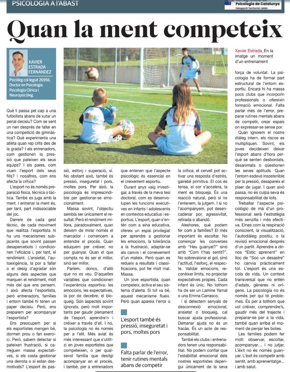 🧠Us deixo l’article sobre psicologia a l’esport que surt avui a <a href="/LaManyanacat/">La Mañana</a> 

⚽️“Sense entrenar la ment, no hi ha rendiment”

✍️ Article a Psicologia a l’Abast del <a href="/copc_cat/">Ψ Col·legi Oficial de Psicologia de Catalunya</a>