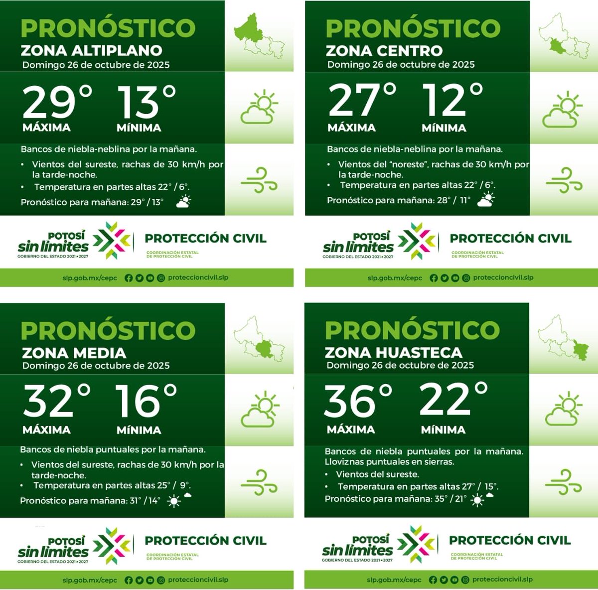 💧 Pronóstico Climático• 

🌬️Frente Frío 9
🌫️Bancos de niebla/neblina por la mañana. 
☀️Temperaturas Máximas: De 27º en zona centro, de 36° en zona huasteca
❄️Temperaturas Mínimas: 12° en Zona Centro.

#ProteccionCivilSinLimites #RicardoGallardoCardona  #Prevención