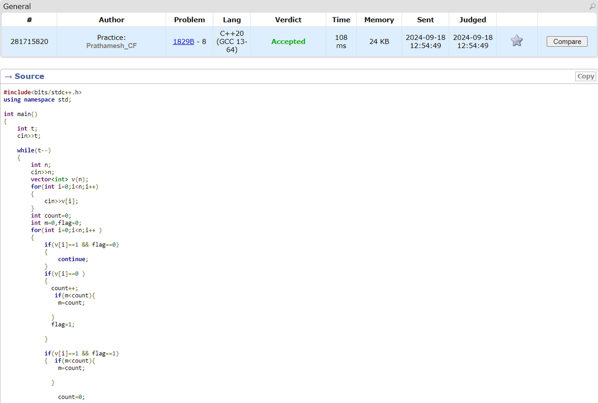 PrathameshJan20's tweet image. Day 4 of #100DaysOfCode 
Cp31 Sheet Codeforces
Rating : 800
21. Blank Space
One pass solution ,traverse the array and make use of flags and counters...
Give it a try:
codeforces.com/problemset/pro…
#Codeforces #DSA #LearnInPublic #CodingJourney #LeetCode