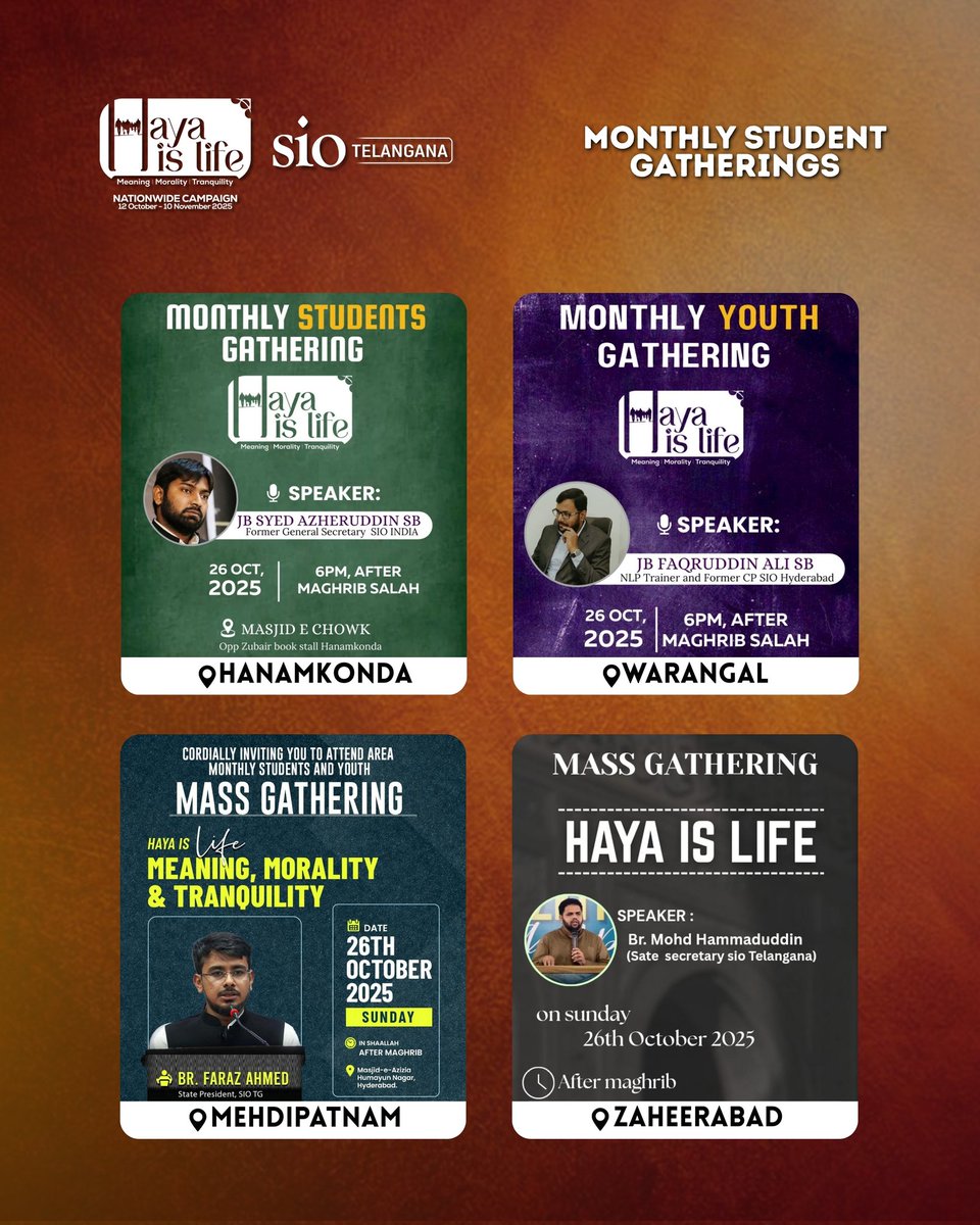 SIOTelangana's tweet photo. Throughout Telangana, SIO Telangana is organizing monthly student gatherings across various Units, Areas, and Cities as part of the month-long campaign βHaya is Life.β
#SIOTelangana #HayaIsLife #StudentGatherings #YouthWithValues #TelanganaStudents #SIOCampaign https://t.co/cuRUQ5kFUe