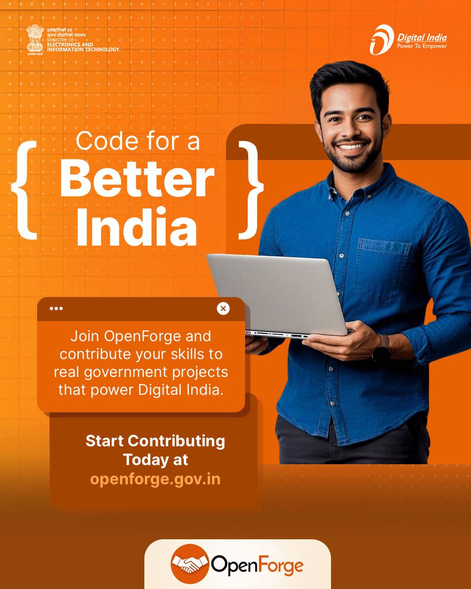 _DigitalIndia's tweet image. Are you ready to take your coding skills beyond the classroom and into the real world? 
With OpenForge’s “Collaborate with Government,” you get the unique opportunity to work on live government tech projects. 
Visit openforge.gov.in to explore ongoing projects and start…